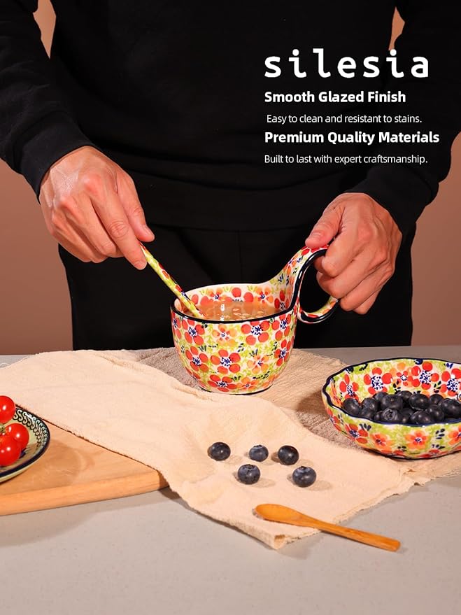 silesia Handmade Loop Handle Soup Bowl, Plate and Spoon Set Ceramic Hand Painted Cereal Bowl Great for Soup, Ice cream, Snack, Stew in Gift Box, Dishwasher & Microwave Safe, Jungle Floral