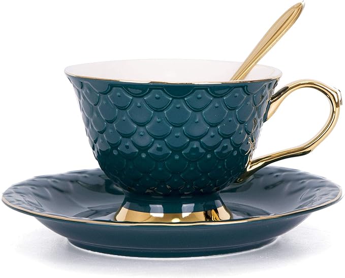 VanEnjoy Green Vintage 8 Ounces Porcelain Coffee Cup,Tea Cup and Saucer Set and Saucer with Decorative Scale Pattern, Vintage