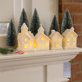 9 Pcs Christmas Village Figurines Sets - 4 Lighted Ceramic Houses with Remote Control & 5 Trees - Christmas Decorations Indoor - White Xmas Holiday Farmhouse Rustic Decor for Home Table Room