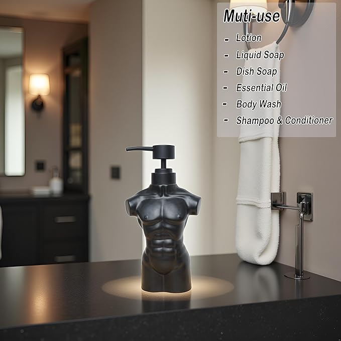 Ceramic Boy Soap Dispenser,Lotion and soap Dispenser Set Refillable Liquid Hand Soap Dispenser for Bathroom Kitchen (Black)