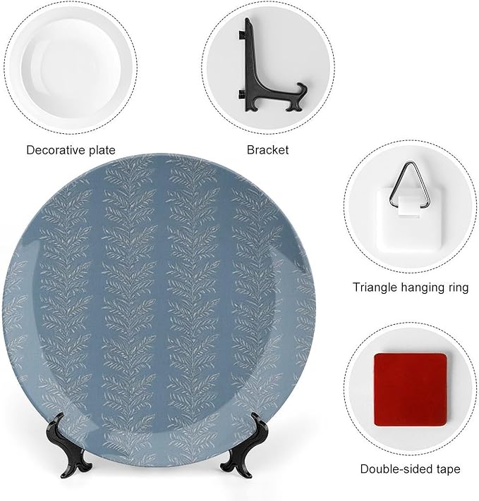 Christmas China Plates for Display Thibaut Blue Leaves Stripes Table Kitchen Supplies Chinese Plates with Display Stand Customize Gifts for Men Women, 6", 7", 8", 10"