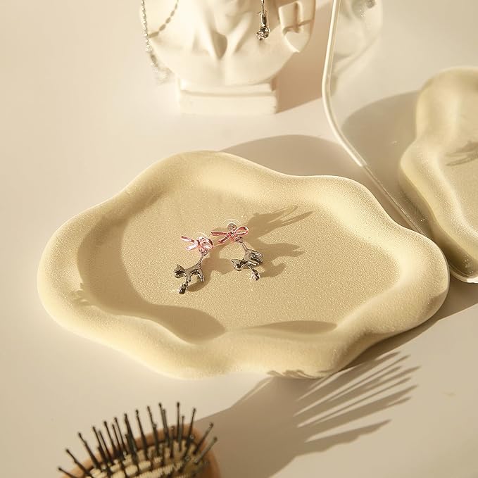 Jewelry Dish Trinket Tray for Women, Ring Dish Holder, Unique Cloud Shape Ceramic Plate Cute Things Vanity Aesthetic Room Decor Mother's Day Birthday (Flocked Custard)