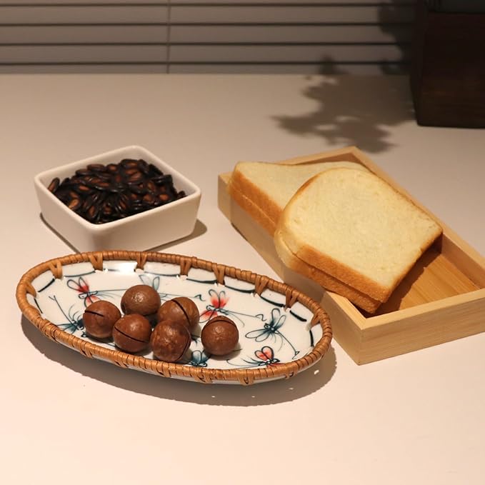 Rattan Ceramic Tray, Oval Fruit/Bread/Cookie/Jewelry Small Storage Porcelain Serving Plate, Vintage Decorative Display Plate for Coffee Table Home Decor Wedding Party Gift (Red Dragonfly)