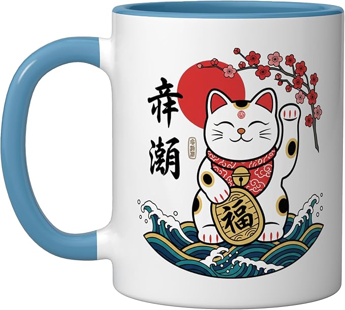 Cat Japanese Lucky Maneki Cat, Lucky Cat With & Bloss Ceramic Mug, Blue/White