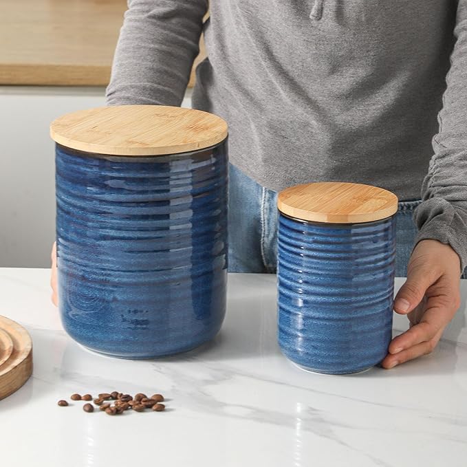 HASENSE Ceramic Food Storage Jars with Bamboo Lids – 80oz + 24oz Kitchen Canister Set – 7.5" & 5.9" Airtight Containers for Coffee, Tea, Sugar, Flour – Pantry Organization Jar Set of 2（Blue）