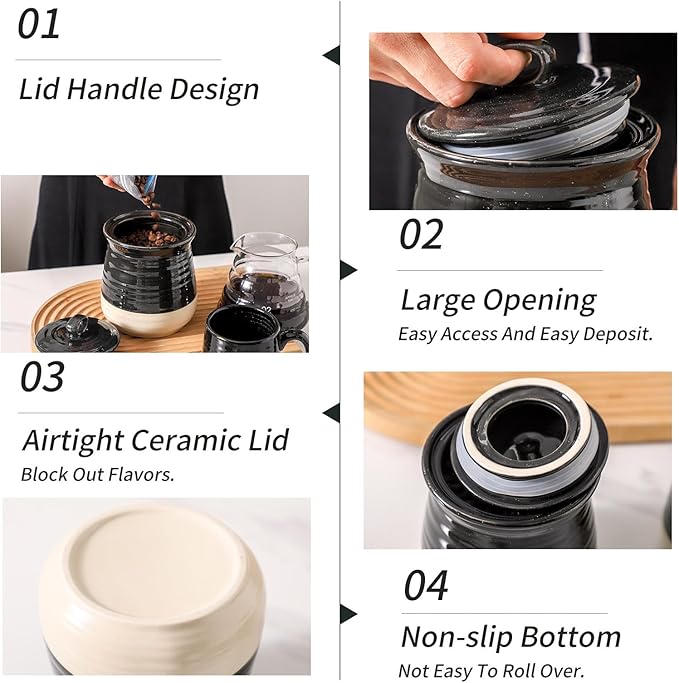HASENSE Ceramic Food Storage Jar with Airtight Lid, Coffee Cookie Containers for Kitchen Counter, 30 FL OZ Kitchen Canisters for Coffee Beans, Tea, Sugar, Candy, Black Kitchen Decor