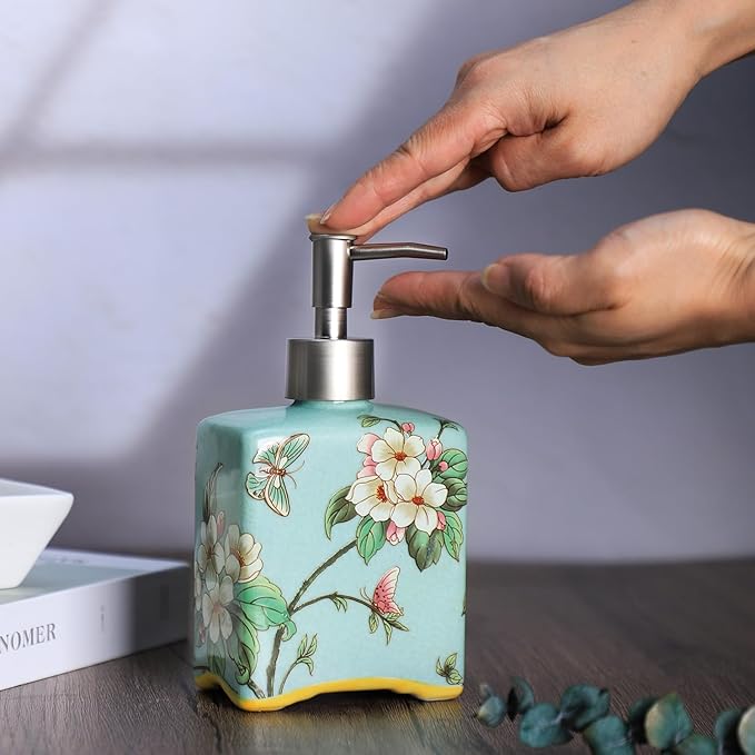 Ceramic Soap Dispenser, Lotion Bottle, Soap Bottle with Removable Pump, Flower Pattern Dispenser for Kitchen Soap, Bathroom Soap, Lotion and Essential Oil-Cyan-13 OZ