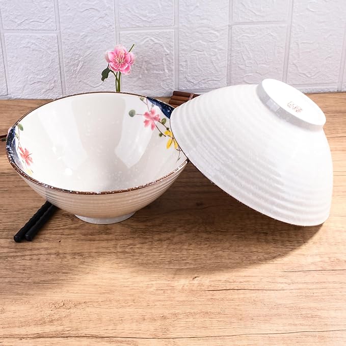 Set of 2 Japanese-Style Ceramic Noodle Bowls – 8.2 Inch Asian-Inspired Soup Ramen Pho Bowls, Microwave & Dishwasher Safe, Handcrafted Floral Design, Premium Dining Essentials for Home & Gifts