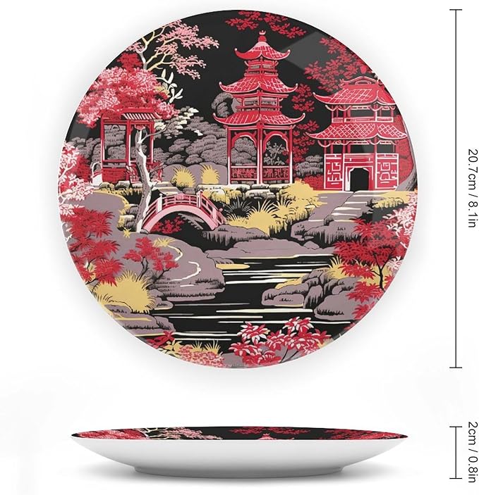 China Plates Chinoiserie Charcoal Coral Pagoda Asian Personalized Decor for Club Housewarming Gifts Festival Household Dinner Plates with Display Stand And Hook Up, Multi Sizes, Gifts for Men Women