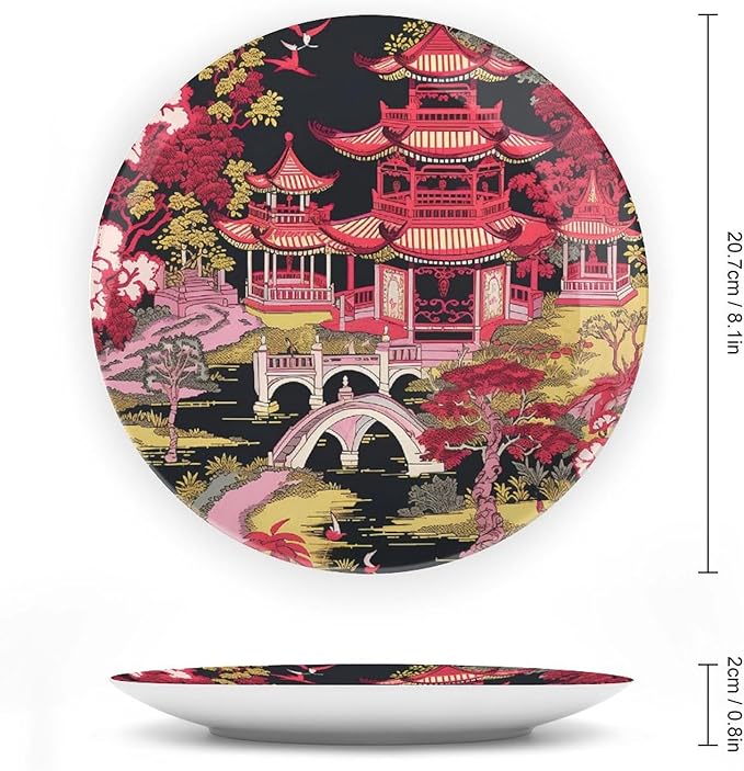 Chinoiserie Charcoal Coral Pagoda Asian China Plates, Personalized Asian Scenic Pagoda Hand-Painted Ceramic Decorative Plates, Office Festival Decorations Display, with 1 Display Stand