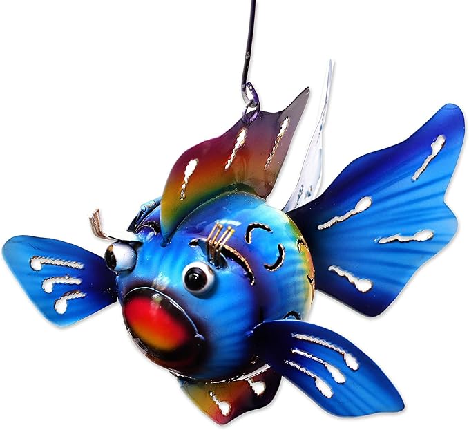 NOVICA Artisan Handmade Steel Hanging Tealight Holder Fish from Bali Blue Indonesia Lamps Lighting Candle Holders Animal Themed [9in H x 7.5in W x 6.25in D] ' Bright Fish'