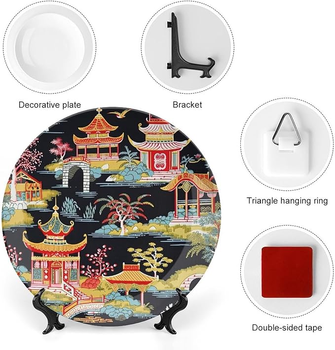 China Plates Chinoiserie Charcoal Coral Pagoda Asian Customize Decor for Wedding Farmhouse Art Decoration Kitchen Blue And White Plates with Vertical Stand, Multi Sizes, Gifts for Men Women