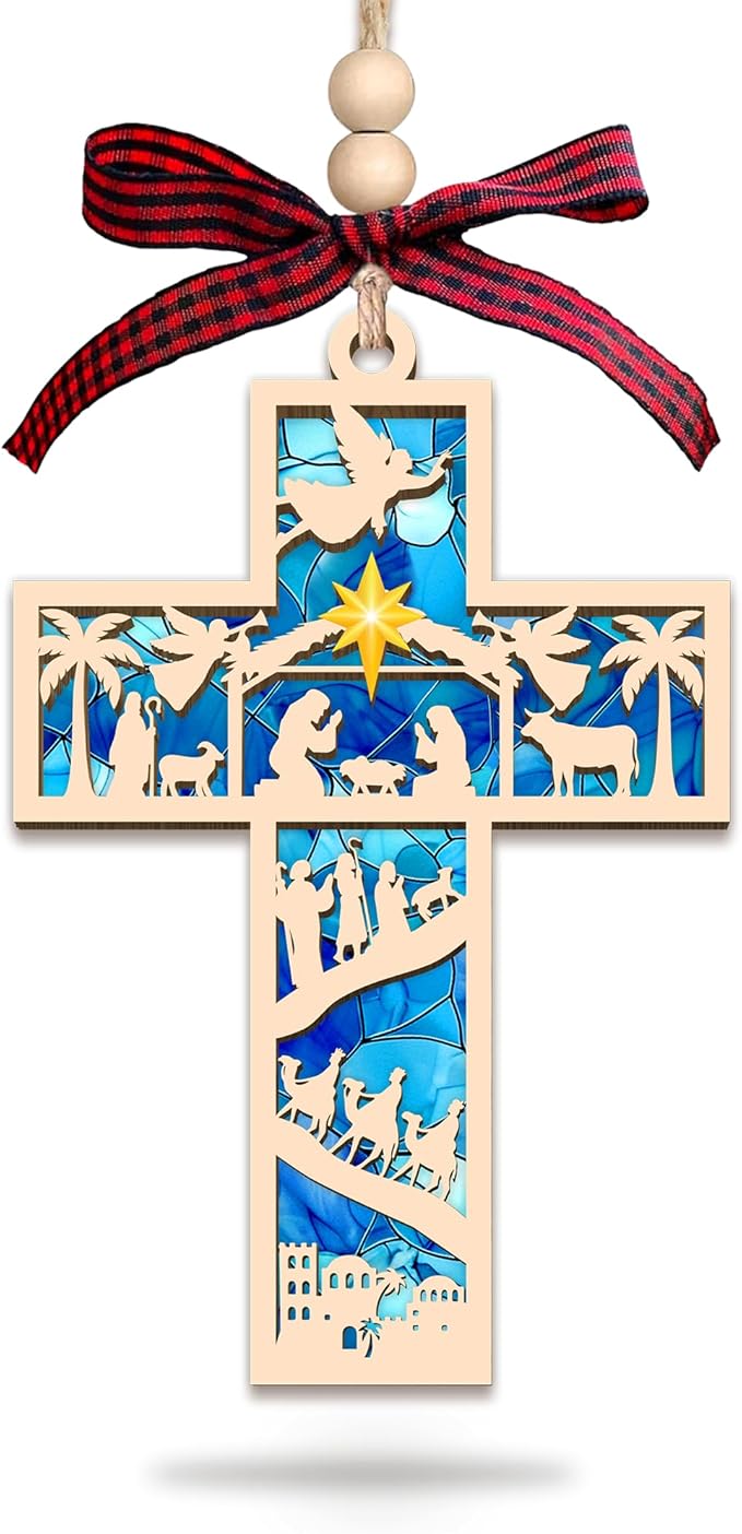 HEXMOZ Nativity Cross Ornament for Christmas Tree - Religious, Christian Christmas Ornaments 2025 Gifts for Family - Acrylic Wood Nativity Scene Cross, Jesus Hanging Ornament, Holy Family Decoration