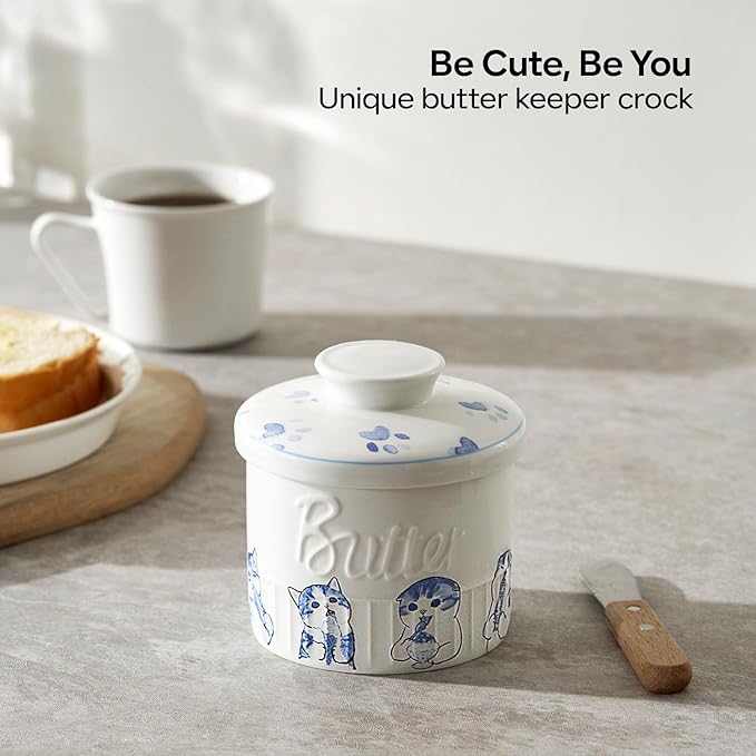 Toptier Butter Crock for Counter With Water Line, On Demand Spreadable Butter, Ceramic Butter Keeper to Leave On Counter, French Butter Dish with Lid (Hungry Cat)
