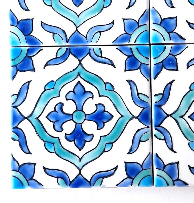 DŸARI Decorative Ceramic Tiles – Hand Painted Indoor & Outdoor Floor Tiles – Spanish Artisan Tile Top Kitchen – Mediterranean Decorative Tiles 4” × 4” – Durable Colorful Floor Tiles – 140 g (Eau V 6)