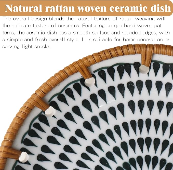 Round Rattan Ceramic Tray, Wicker Fruit/Bread/Cookie/Jewelry Small Storage Porcelain Serving Plate, Vintage Decorative Display Plate for Coffee Table Home Decor Wedding Party Gift （Black Waterdrop）
