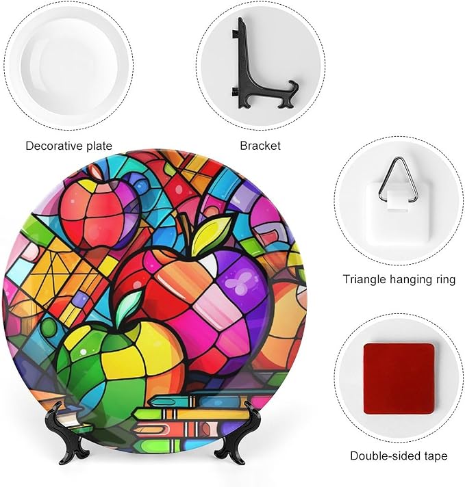 Decorative Plates for Wall Hanging, Colorful Books & Apples Stained Glass Painting Ceramic Plate w/ Display Stand, Home Decor for Kitchen Cabinets, Round Tray 6 Inch, Gift for Teacher Or Student