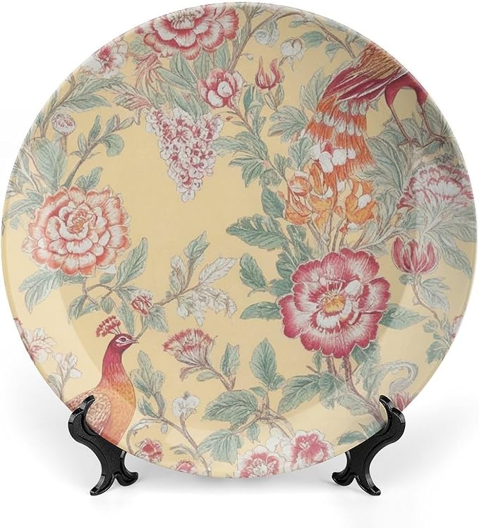 Garden Inspired Chinoiserie Birds Flowers Plates Ceramic of 6", 7", 8", 10", Custom Christmas Design Porcelain Dessert Plate Set Gifts Kitchen Display Decorations Table, Unique Art with Stand