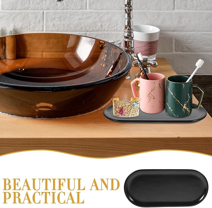 Oval Ceramic Vanity Tray Compact Dark Countertop Storage Organizer for Bathroom Dresser Jewelry Holder Cosmetic Container