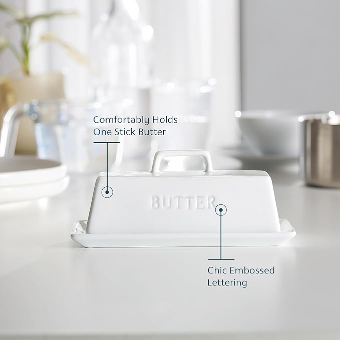 Butter Dish with Lid for Countertop, by Kook, Ceramic Dish Tray with Cover, Kitchen Keeper, Container, Holder (White)