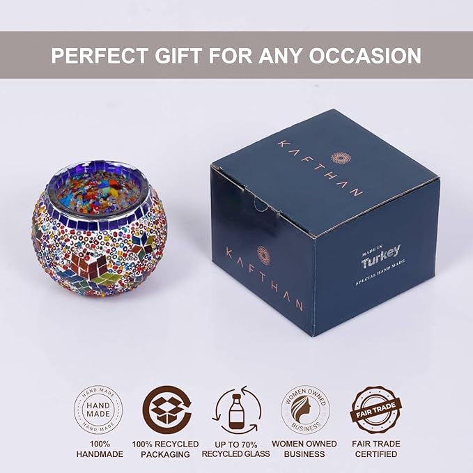 KAFTHAN Mosaic Glass Large Single Candle Holder - Round Bowl, Plant Pot, Votive Candle Holder - Decorative Vase & Unique Table Centerpiece for Wedding, Ball & Home - (3.7" x 3.5", Multicolor Star)