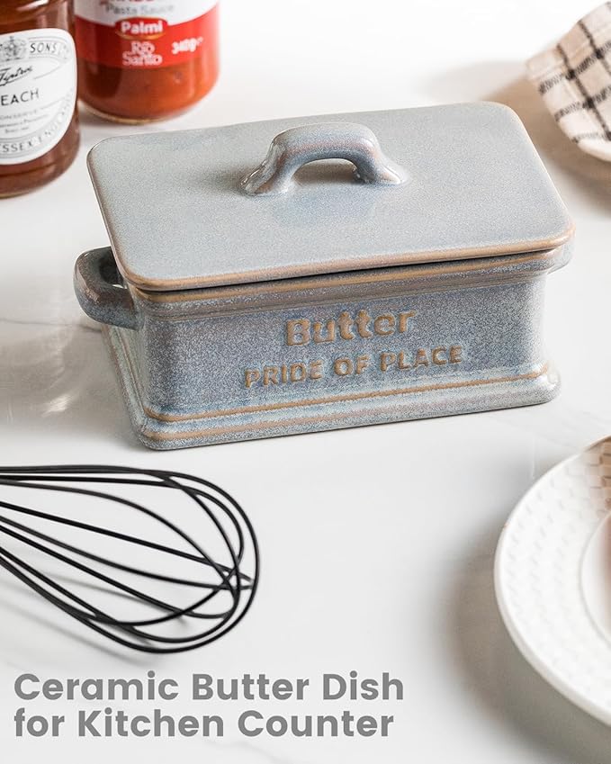 Butter Dish with Lid, Ceramic Butter Holder Container Large Butter Dish for Countertop Farmhouse Mother's Day Kitchen Decor Butter Keeper for East West Coast Butter, Gray