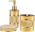 3-Piece Ceramic Bathroom Accessories Set - Soap Dispenser, Toothbrush Holder & Soap Dish with Modern Wave Embossed Design for Bathroom Accessory Set (Gold)