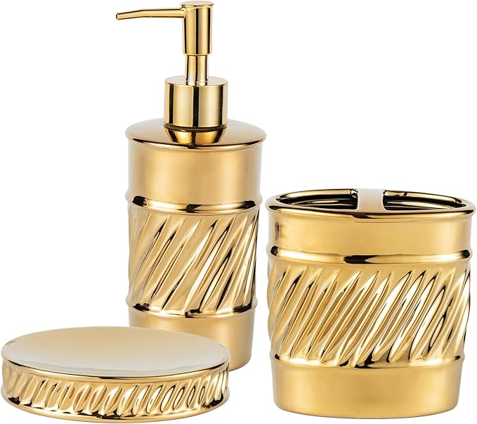 3-Piece Ceramic Bathroom Accessories Set - Soap Dispenser, Toothbrush Holder & Soap Dish with Modern Wave Embossed Design for Bathroom Accessory Set (Gold)