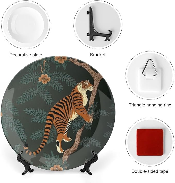 Tiger And Peacock China Plates, Wild Tiger Stripe Forset Chinoiserie Customize Hanging Decorative Tiles for Art Decoration Club Table Decor, with Vertical Stand Art Decorations for Display Household