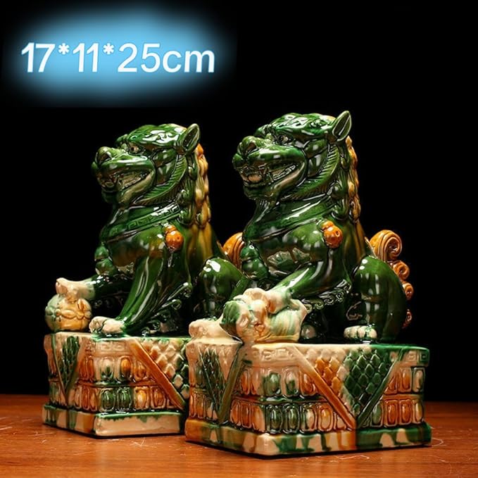 Ceramic Sculptures Ceramic Lions Pair Home Decorations Asian Art Desktop Feng Shui Ornaments Tricolor Green