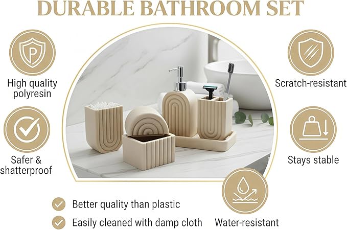 Bathroom Accessory Set, 5 Pcs Bathroom Essentials Sets Accessories, Soap Dispenser Set, Toothbrush Holder, Vanity Tray, Tumbler, Cotton Swab Jars, Bathroom Organizer for Modern Bathrooms(Beige)