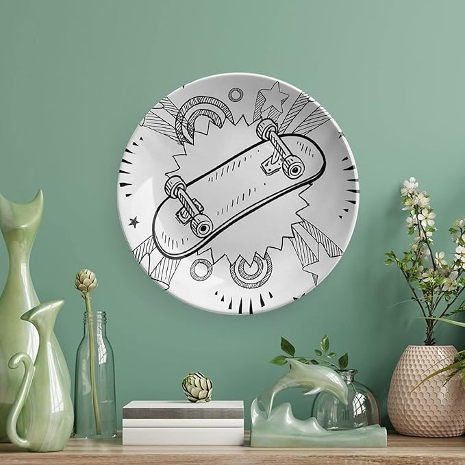 XISUNYA 7 Inch Decorative Plate, Doodle Ceramic Stoneware, Sketch of Skateboard with 60s Style Pop Art Print Ceramic Wall Hanging for Home & Office Wall Hanging Decor