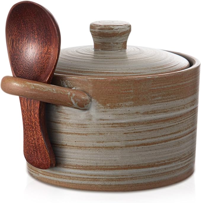 Honeydak Speckled Ceramic Salt Cellar with Lid and Wooden Spoon, Rustic Farmhouse Salt Pepper Cellar Holder for Valentines Day,Housewarming Gift, Heavyweight Spices Jar(Threaded Brown,1 Set)