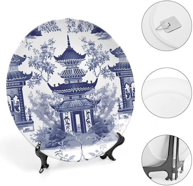 Chinoiserie Blue Asian Pagoda Plates Ceramic, Personalized Wall Decorative Plate for Wedding Wall Club Decor, Including Bracket And Special Hook Art Decorations for Art Decoration Table