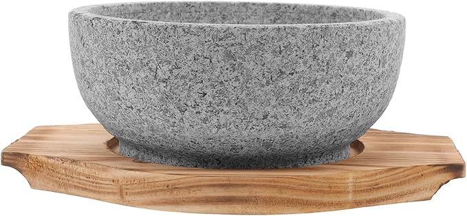 ABOOFAN Large Korean Stone Pot Bowl Deep Bibimbap Bowl Korean Style Serving Natural Stone Carbonized Wood Trivet