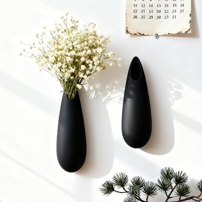 Sculptural Wall Ceramic Vase — 2 Pack Black Hanging Sconce Vase | Turn Flowers into Art — Decorative Ceramic Wall Sconce for Single Stem Displays