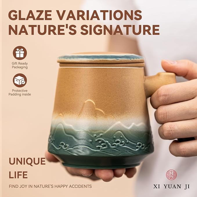 Ceramic Tea Mug with Infuser & Lid, 15oz Kiln-Transformed Unique Cup – Nature's Artisan Design, Loose Leaf Tea Cup with Infuser, Insulated Ceramic Coffee Mugs with Lid, Gift for Women/Men