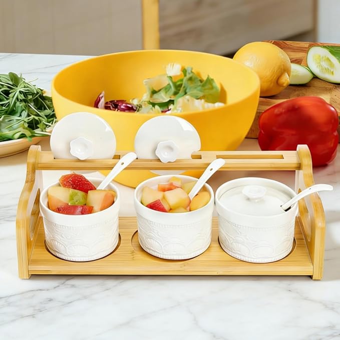 10 Pack Sauce Serving Dish, 5 Oz Ceramic Chip Dip Sauce Bowls with Spoons Lids for Party, 3 Condiment Seasoning Jars with Bamboo Tray for Snacks, Appetizers, Sauces