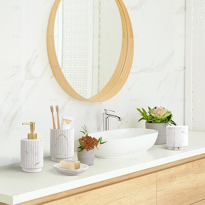 Bathroom Accessories Set 4 Pcs-Toothbrush Holders Set, Soap Dispenser, Cotton Swab Jars, Vanity Tray, Bathroom Organizer for Modern Bathrooms Decor, Gift for Home Apartment