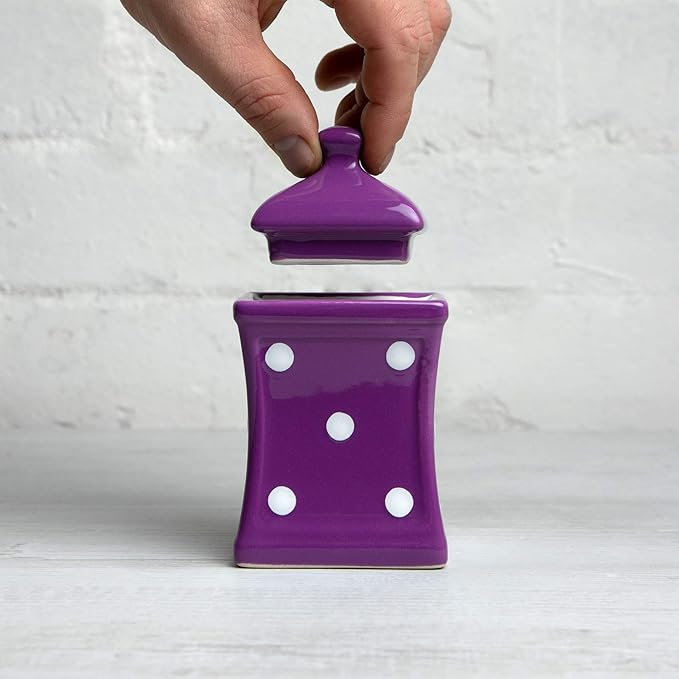 City to Cottage Handmade Small 5.3oz/150ml Ceramic Kitchen Herb, Spice, Storage Jar with Lid, Pottery Canister, Housewarming Gift (Purple Polka Dot)