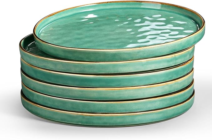 LIANYU Ceramic Dessert Plates Set of 6, 10.2 Inch Kitchen Dinner Plates Set, Porcelain Serving Dishes for Cake, Bread, Salad, Snack and Steak, Microwave, Oven and Dishwasher Safe, Emerald Green