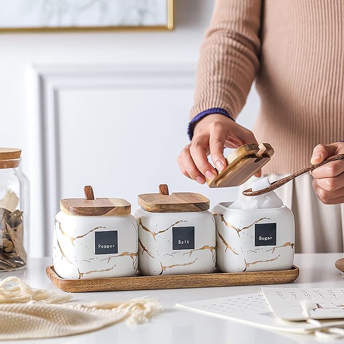 Ceramic Spice Jars Porcelain Condiment Jars Set Marble Ceramic Seasoning Box 3pcs Condiment Pots for salt, sugar, pepper Kitchen Seasoning Condiment Jar Set