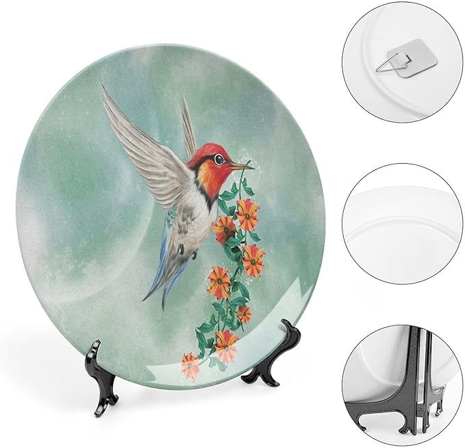 XISUNYA 8 Inch Decorative Plate, Hummingbird Porcelain Plate, Hummingbird Flying with Flower Branch Print Ceramic Wall Hanging for Home Office Party Dinner Table Decor