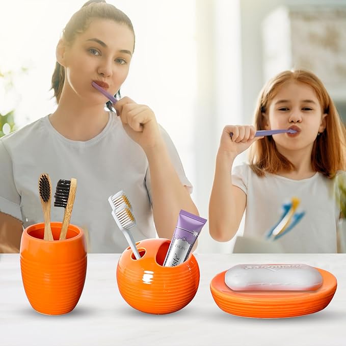 Orange Bathroom Accessories Set 4 Pcs, Ceramic Bathroom Accessory Set with Lotion Soap Dispenser, Toothbrush Holder, Bathroom Tumbler and Soap Dish,Orange Bathroom Decor