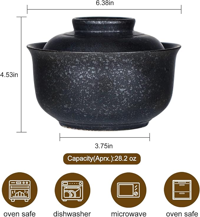 VanEnjoy Microwavable Ramen Bowl with Lid, 25 Oz Japanese Bowl Big Ceramic Japanese Soup Bowl with Lid, Korean Clay Pot - black