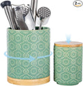 TEATALK Ceramic Utensil Holder Set, 360° Rotating Organizer for Countertop, Farmhouse Vintage Style, Large and Small Crocks in Green，7.7"+5.7"