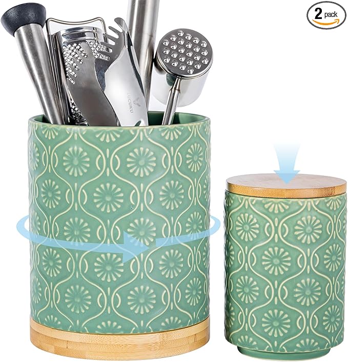 TEATALK Ceramic Utensil Holder Set, 360° Rotating Organizer for Countertop, Farmhouse Vintage Style, Large and Small Crocks in Green，7.7"+5.7"