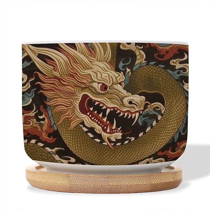Antique Chinoiserie Dragon Ceramics Pots for Plants Set of 3 Dragon Gold Oriental Style Asian Flower Pot Planter with Drainage Bamboo Trays Chinoiserie Small Ceramics Plant Pot