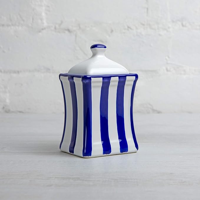 City to Cottage Handmade Small 5.3oz/150ml Ceramic Kitchen Herb, Spice, Storage Jar with Lid, Pottery Canister, Housewarming Gift (Navy Blue Stripe Coastal)