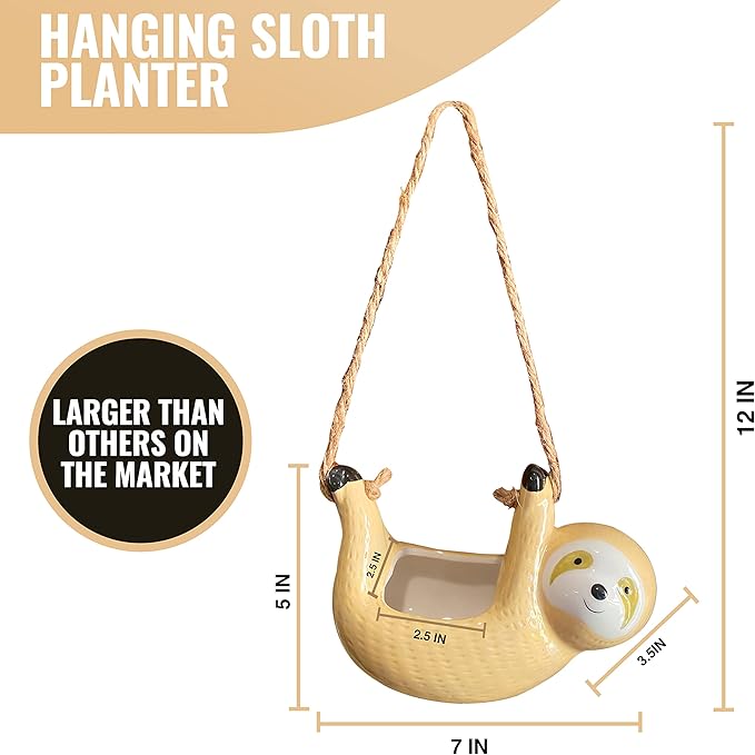 Hanging Sloth Plant Holder - Succulent Pots - Ceramic Sloth Planter - Funny Planters for Indoor Plants - Animal Air Planter - Sloth Plant Pot - Beige